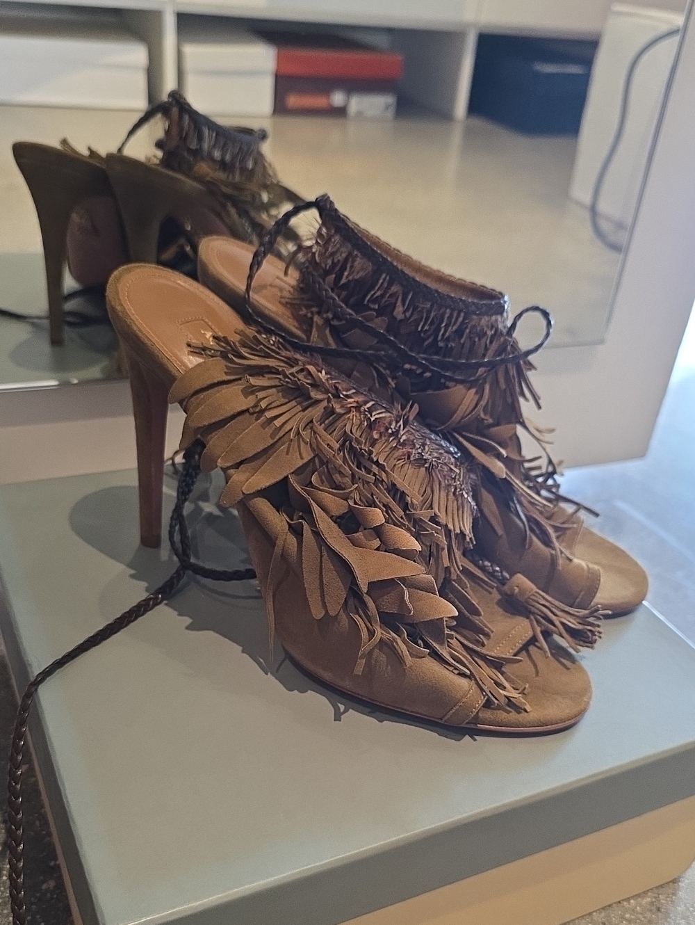 Aquazzura Brown Fringe Open-Toe High Heel Sandals
